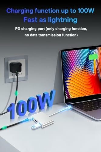 Laptop connected to a 100W charging cable with text about charging function.