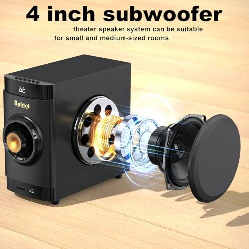 Exploded view of a 4-inch subwoofer theater speaker system.