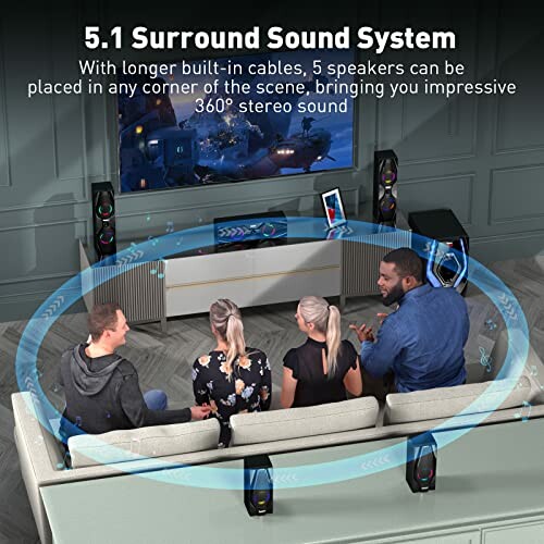 People sitting on a couch experiencing a 5.1 surround sound system with speakers placed around them.