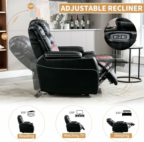 Black adjustable recliner chair with multiple positions for reading, watching TV, and sleeping.