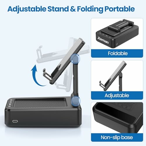 Adjustable stand with foldable design and non-slip base.