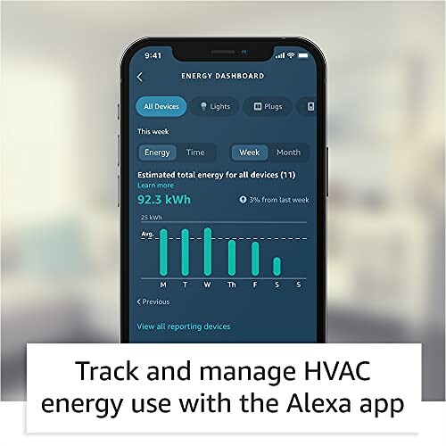 Smartphone displaying Alexa app energy dashboard for tracking HVAC use