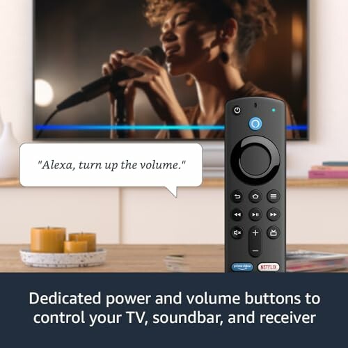 Remote control with Alexa voice command for TV volume adjustment.