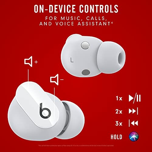 Beats earbuds controls for music, calls, and voice assistant.