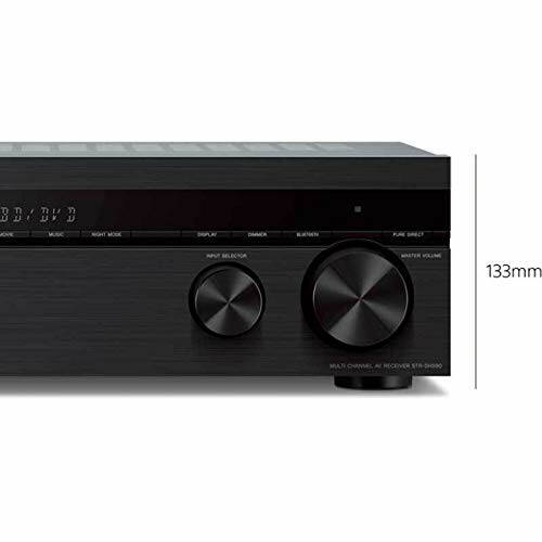 Black audio receiver with control knobs and display