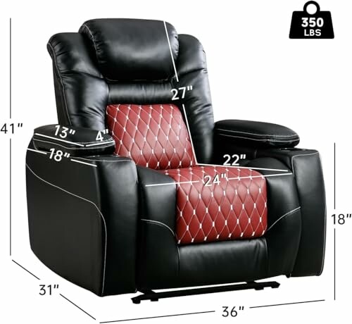 Black leather recliner chair with red diamond-patterned seat and armrest dimensions.