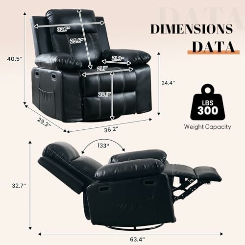 Black leather recliner with detailed dimensions and weight capacity.