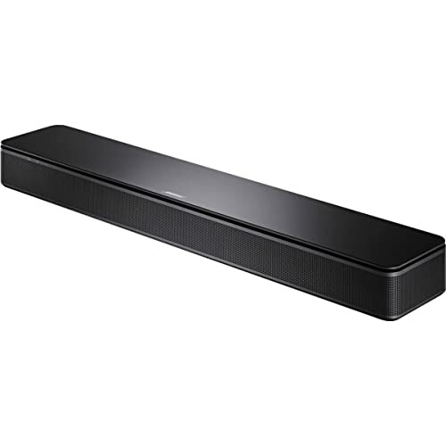 Black soundbar speaker on white background