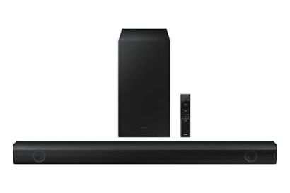 Black soundbar with subwoofer and remote control