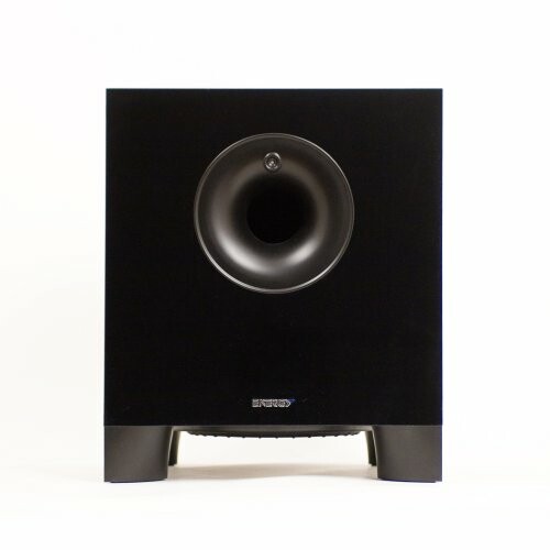 Black subwoofer speaker on white background