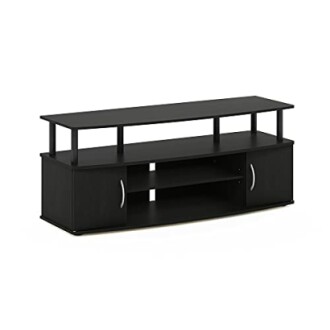 Black TV stand with shelves and cabinets.