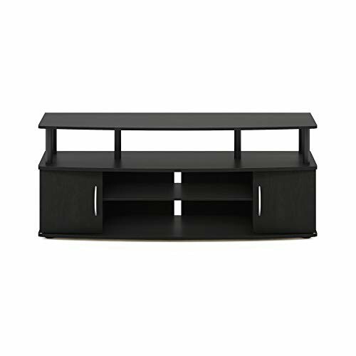 Black TV stand with shelves and cabinets.