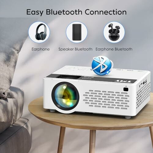 Projector with Bluetooth connection options for earphones and speaker.