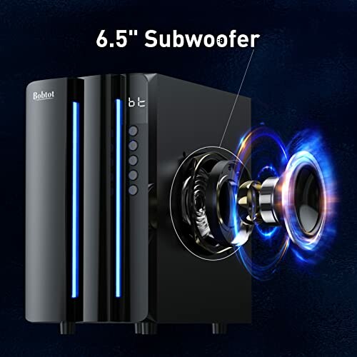 Bluetooth speaker with 6.5 inch subwoofer and blue LED lights.