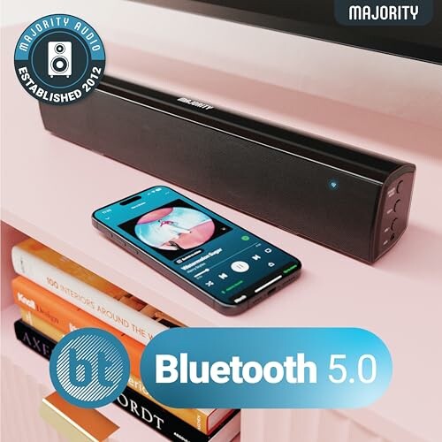 Bluetooth speaker and smartphone on a shelf, Bluetooth 5.0 displayed