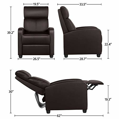 Brown recliner chair with dimensions shown from front, side, and reclined positions.