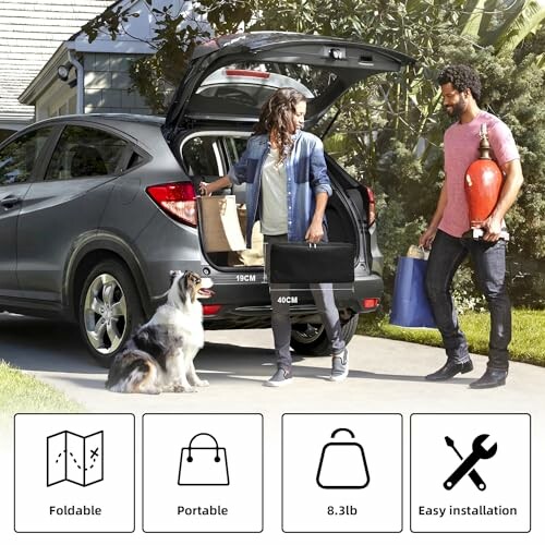 People loading groceries into a car with a dog nearby, highlighting easy installation.