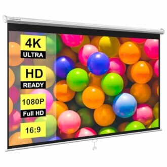 Projection screen displaying colorful balls with 4K Ultra HD specifications.