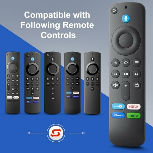 Five black remote controls compatible with various streaming services.