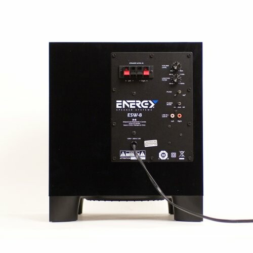 Back view of an Energy subwoofer showing control panel and connections.