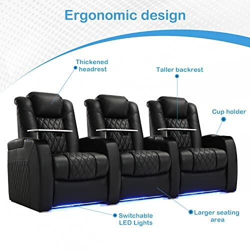 Three black ergonomic theater seats with thickened headrests, taller backrests, cup holders, switchable LED lights, and larger seating area.