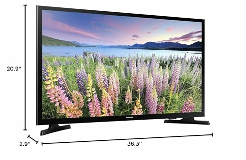 Flat screen TV displaying a scenic nature image with dimensions.