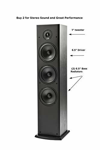 Floor-standing speaker with tweeter, driver, and bass radiators labeled.