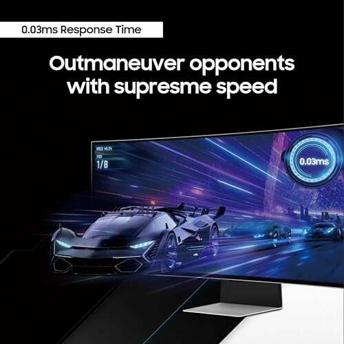 Curved gaming monitor with 0.03ms response time, displaying fast cars.