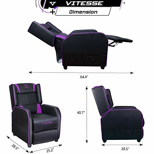 Gaming recliner chair with dimensions and adjustable positions.