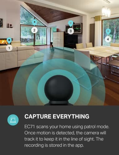 Interior view of a home with a security camera scanning the room, highlighting various points for surveillance.