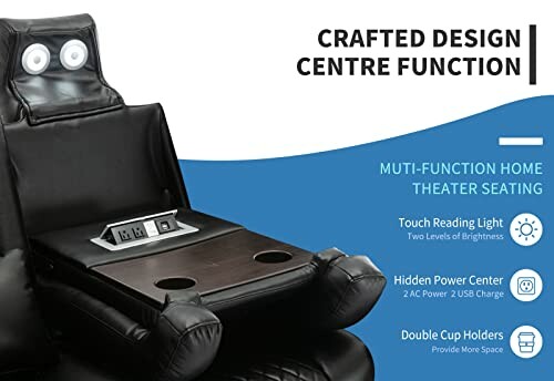 Multi-function home theater seating with light, power center, and cup holders.