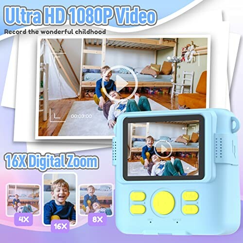 Children using a camera with HD video and digital zoom features.