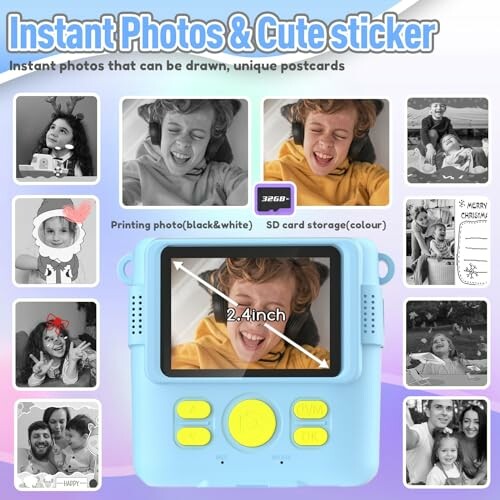 Kids camera with instant photo and cute sticker features, displaying a 2.4-inch screen.