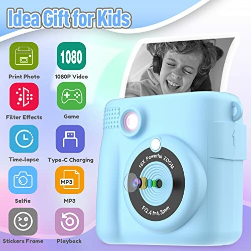 Blue kids instant camera with multiple features.