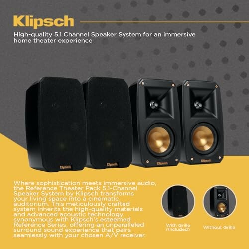 Klipsch 5.1 channel speaker system with grille and without grille.