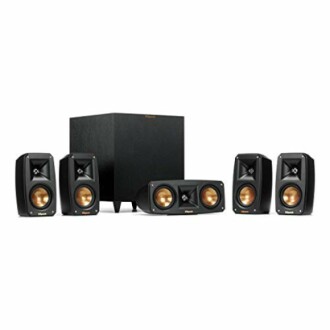 Klipsch home theater speaker system with subwoofer and satellite speakers.