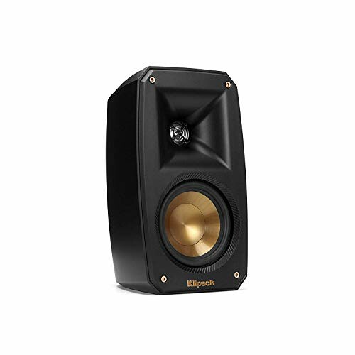 Black Klipsch wall speaker with gold woofer.