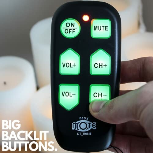 Remote control with large backlit buttons for easy use.