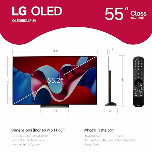 LG OLED 55 inch TV with dimensions and box contents