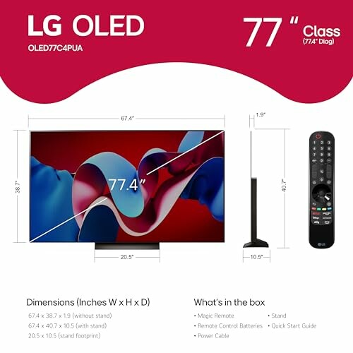 LG OLED 77 inch TV specifications and box contents.