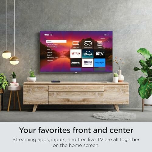 Modern living room with wall-mounted Roku TV displaying streaming apps.