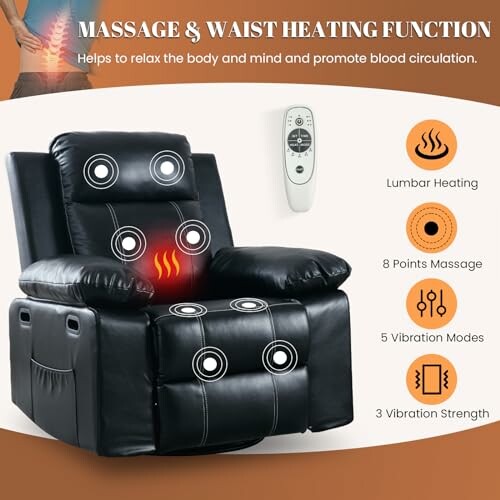 Recliner chair with massage and waist heating functions, remote control shown.