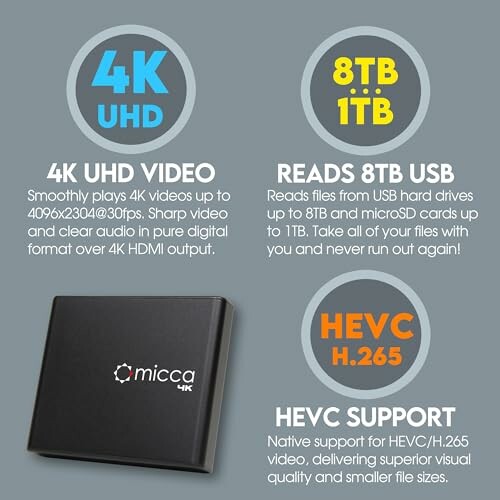 Micca 4K media player features: 4K UHD video, 8TB USB support, HEVC H.265.