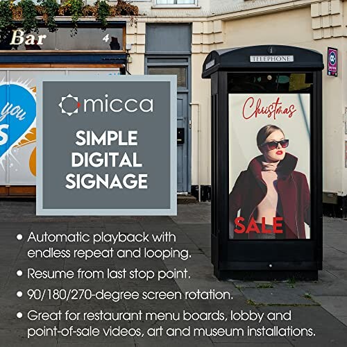 Micca simple digital signage advertisement with features and a fashion sale display.