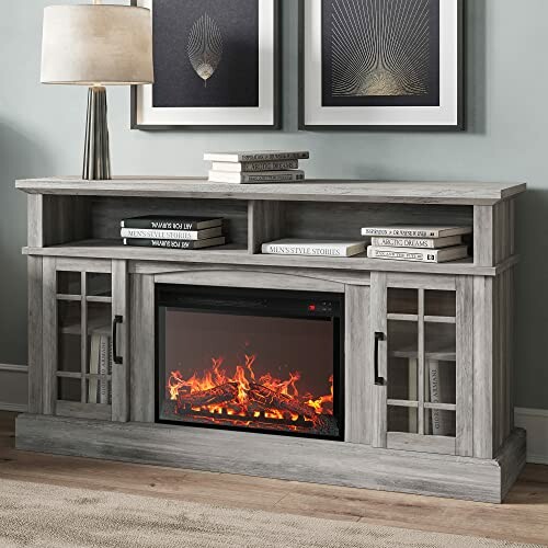 BELLEZE Rustic 58" TV Stand with Electric Fireplace