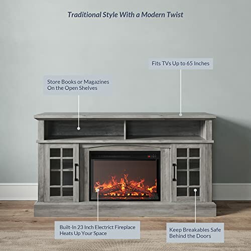 Modern TV stand with built-in electric fireplace and shelves.