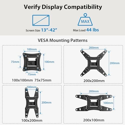 VESA mounting patterns for monitor wall mount, compatible with screen sizes 13 to 42 inches and max load 44 lbs.