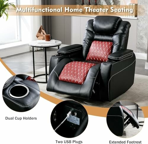 Black and red recliner with dual cup holders, USB plugs, and extended footrest.