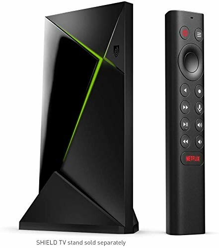 NVIDIA Shield TV device with remote control.