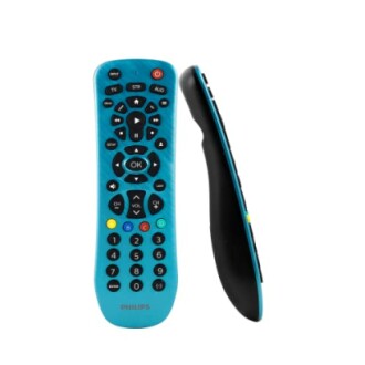 Blue Philips universal remote control front and side view